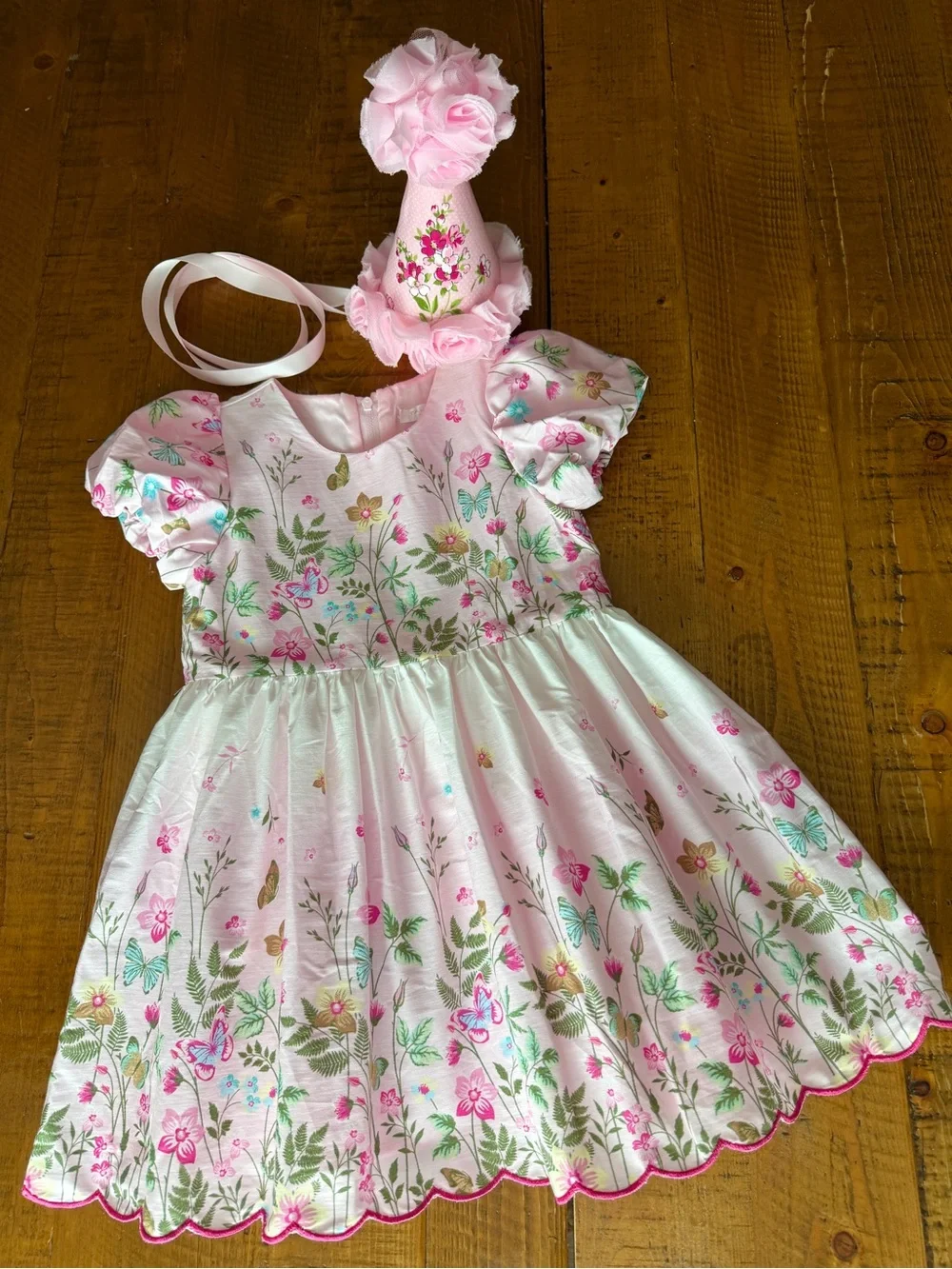 Floral/butterfly girls birthday dress and hat